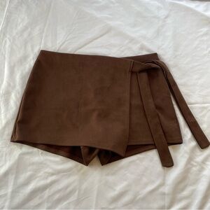 Haute Monde - Brown Faux Suede Wrap Skort Shorts